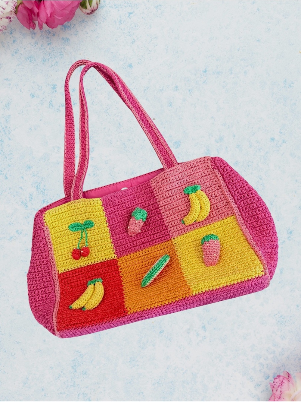 The Sak Pink Crochet Patchwork Shoulder Bag Tote with Fruit Appliqués